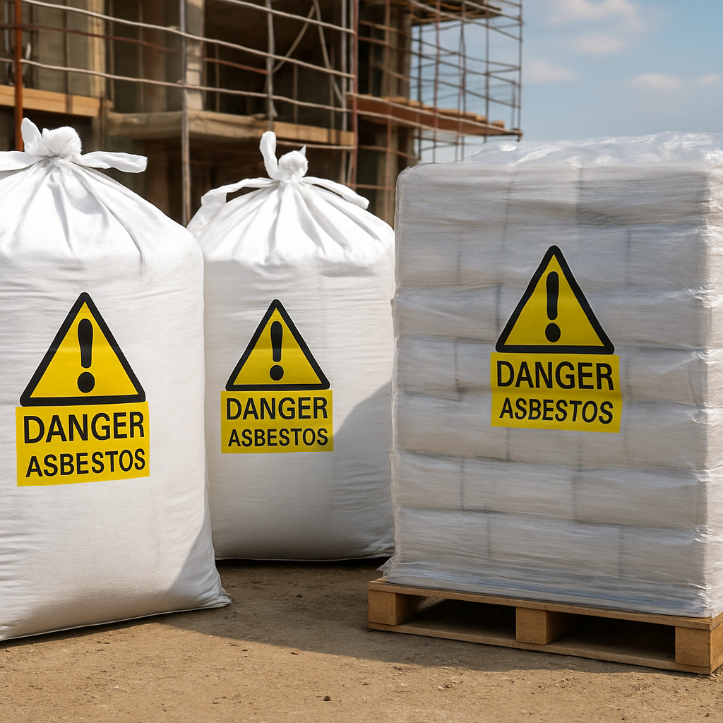 Sicher verpackte und versiegelte Asbestabfälle in zugelassenen Big Bags, bereit zum Abtransport