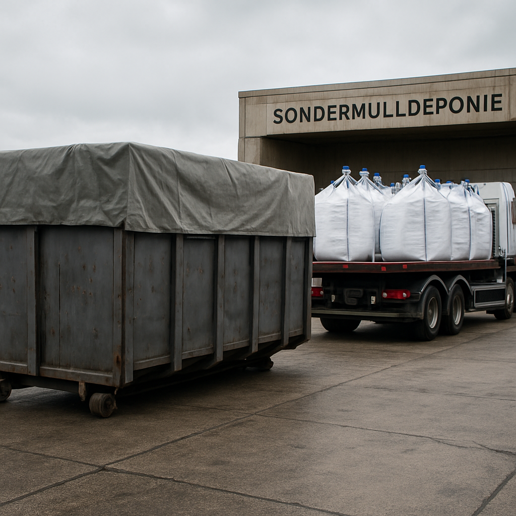 Abgedeckter Container und Transportfahrzeug mit verpacktem Sondermüll auf einer zugelassenen Asbestdeponie